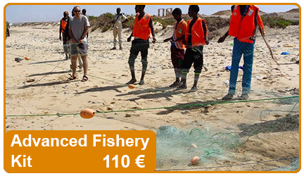 Advanced fishing kit, includes buoys, ropes, long lines, lines and contributes to the purchase of fishing nets.