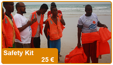 A safety kit includes life jackets,masks and flippers.